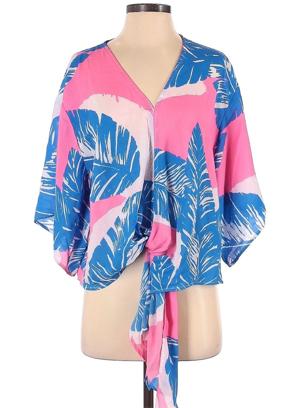 Adrienne Vibrant Pink & Blue Tropical Tie-Front Top Small